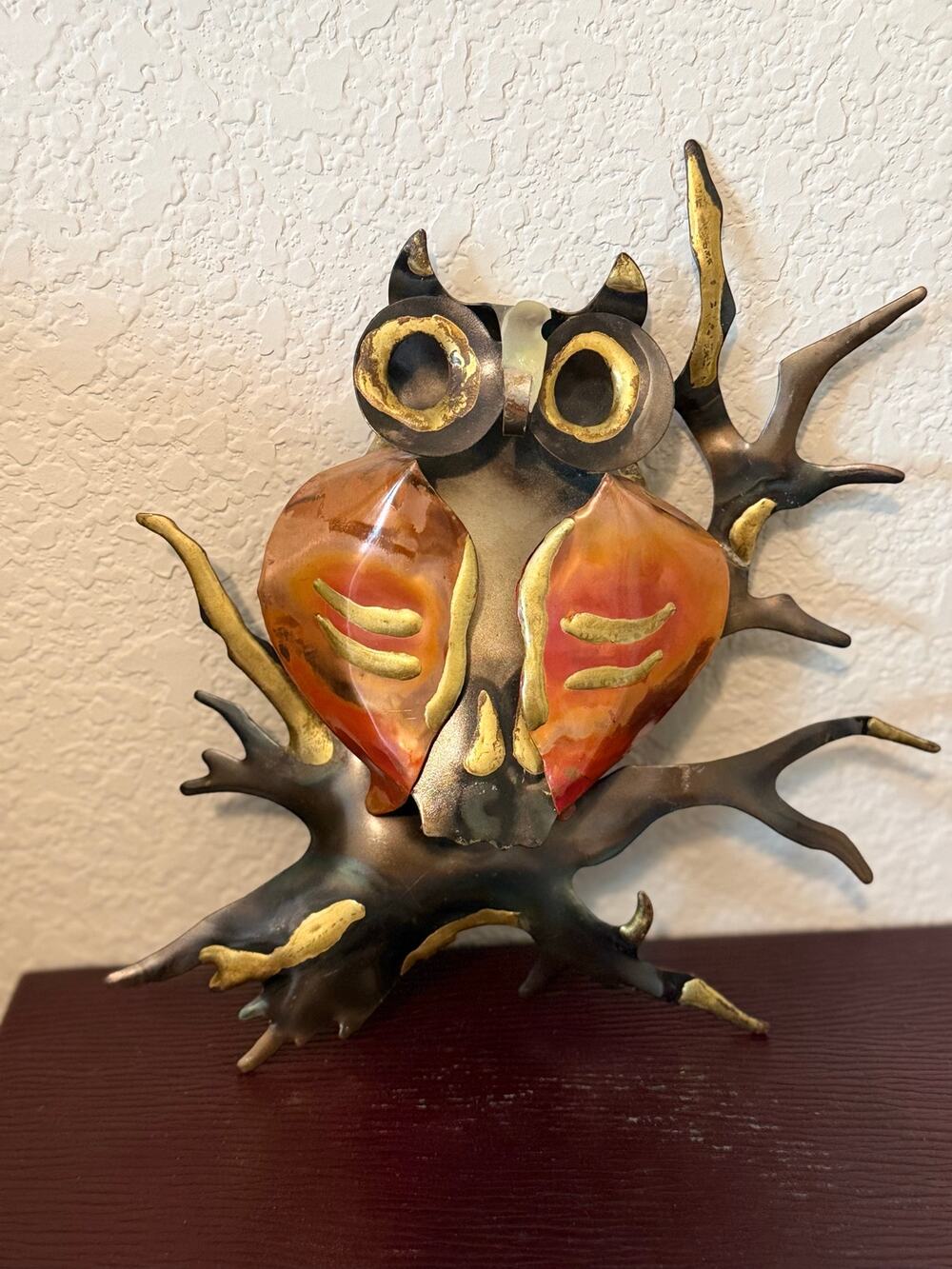 Vintage 1970s Brutalist Metal Owl Sculpture Amber Lucite MCM Retro Decor